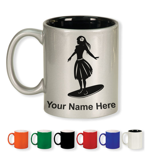 11oz Round Ceramic Coffee Mug, Hawaiian Surfer Girl, Personalized Engraving Included