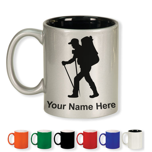 11oz Round Ceramic Coffee Mug, Hiker Man, Personalized Engraving Included