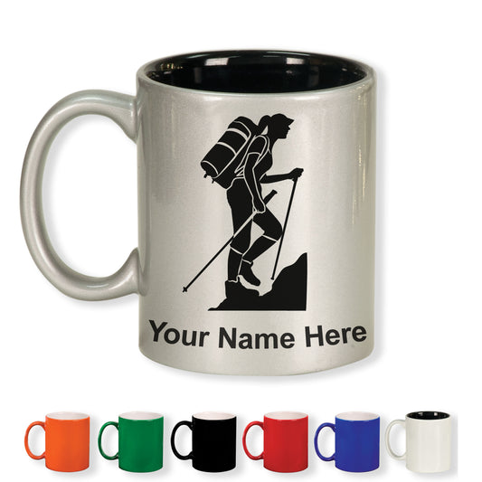 11oz Round Ceramic Coffee Mug, Hiker Woman, Personalized Engraving Included