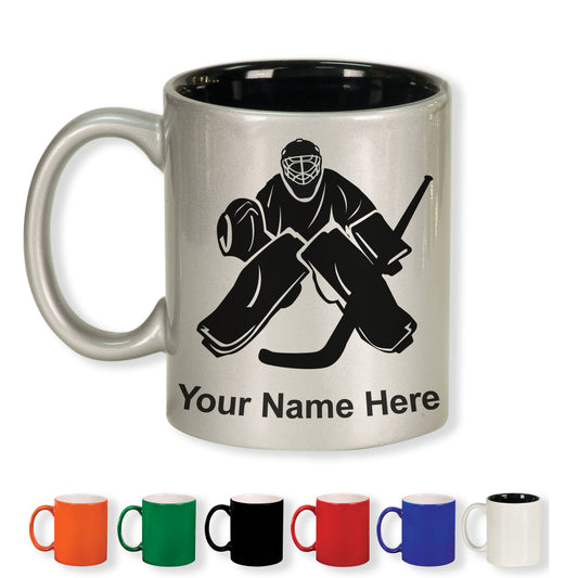 11oz Round Ceramic Coffee Mug, Hockey Goalie, Personalized Engraving Included