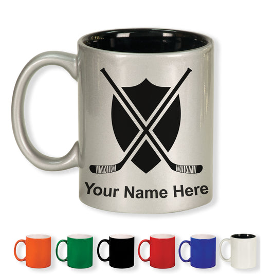 11oz Round Ceramic Coffee Mug, Hockey Sticks, Personalized Engraving Included