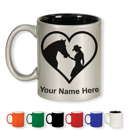 11oz Round Ceramic Coffee Mug, Horse Cowgirl Heart, Personalized Engraving Included