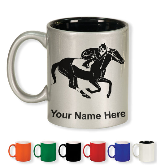 11oz Round Ceramic Coffee Mug, Horse Racing, Personalized Engraving Included