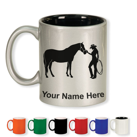 11oz Round Ceramic Coffee Mug, Horse and Cowgirl, Personalized Engraving Included