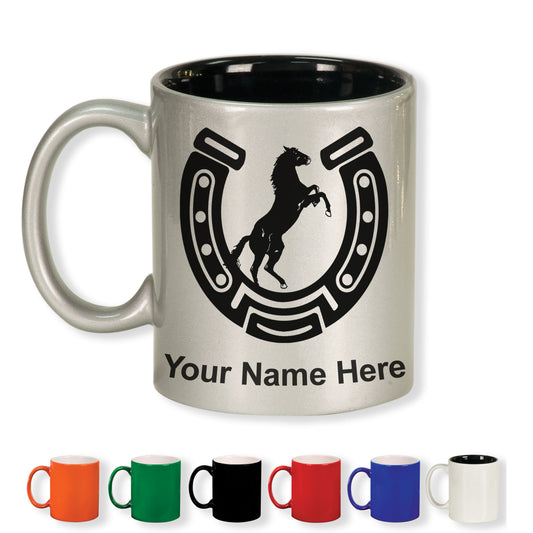 11oz Round Ceramic Coffee Mug, Horseshoe with Horse, Personalized Engraving Included