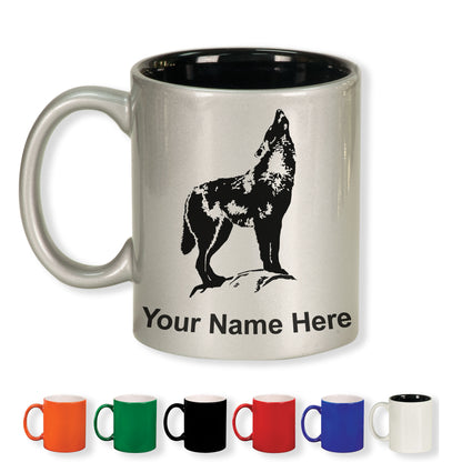 11oz Round Ceramic Coffee Mug, Howling Wolf, Personalized Engraving Included