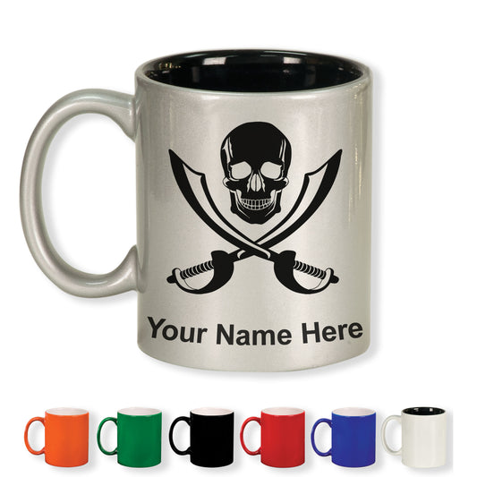 11oz Round Ceramic Coffee Mug, Jolly Roger, Personalized Engraving Included