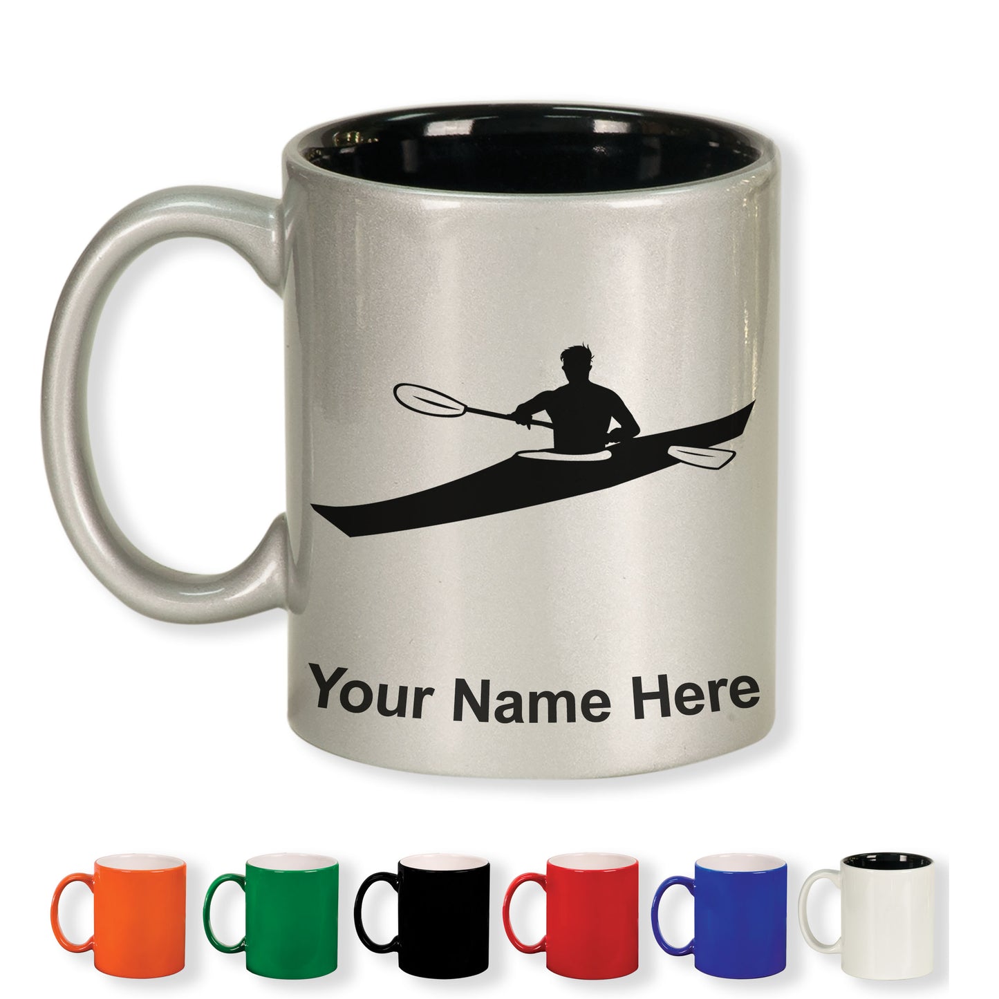 11oz Round Ceramic Coffee Mug, Kayak Man, Personalized Engraving Included