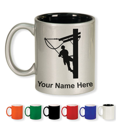 11oz Round Ceramic Coffee Mug, Lineman, Personalized Engraving Included