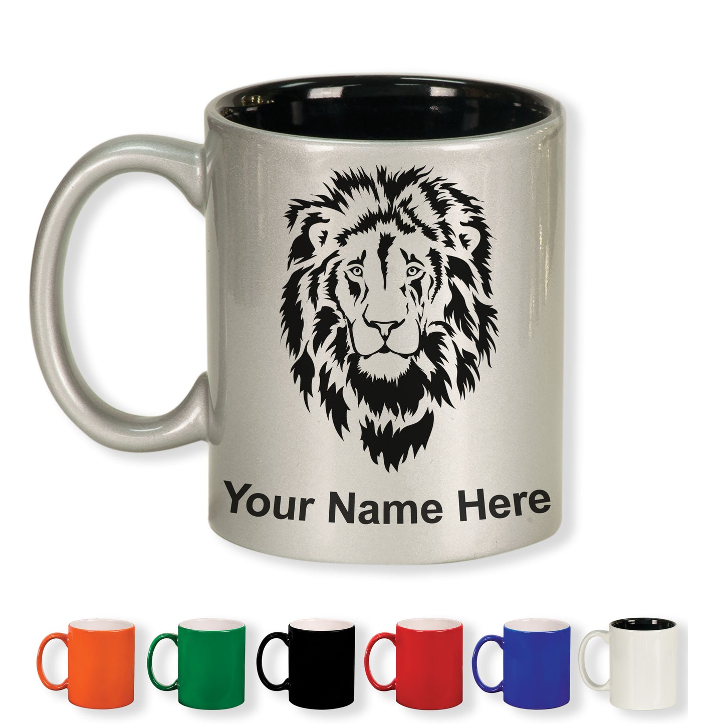 11oz Round Ceramic Coffee Mug, Lion Head, Personalized Engraving Included