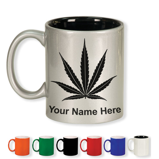 11oz Round Ceramic Coffee Mug, Marijuana leaf, Personalized Engraving Included