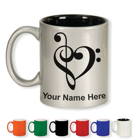 11oz Round Ceramic Coffee Mug, Music Heart, Personalized Engraving Included