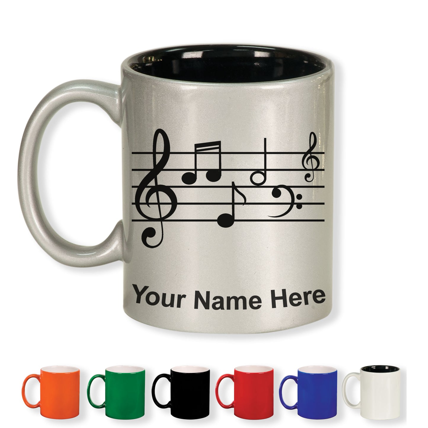 11oz Round Ceramic Coffee Mug, Music Staff, Personalized Engraving Included