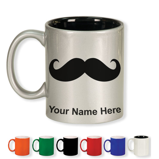 11oz Round Ceramic Coffee Mug, Mustache, Personalized Engraving Included