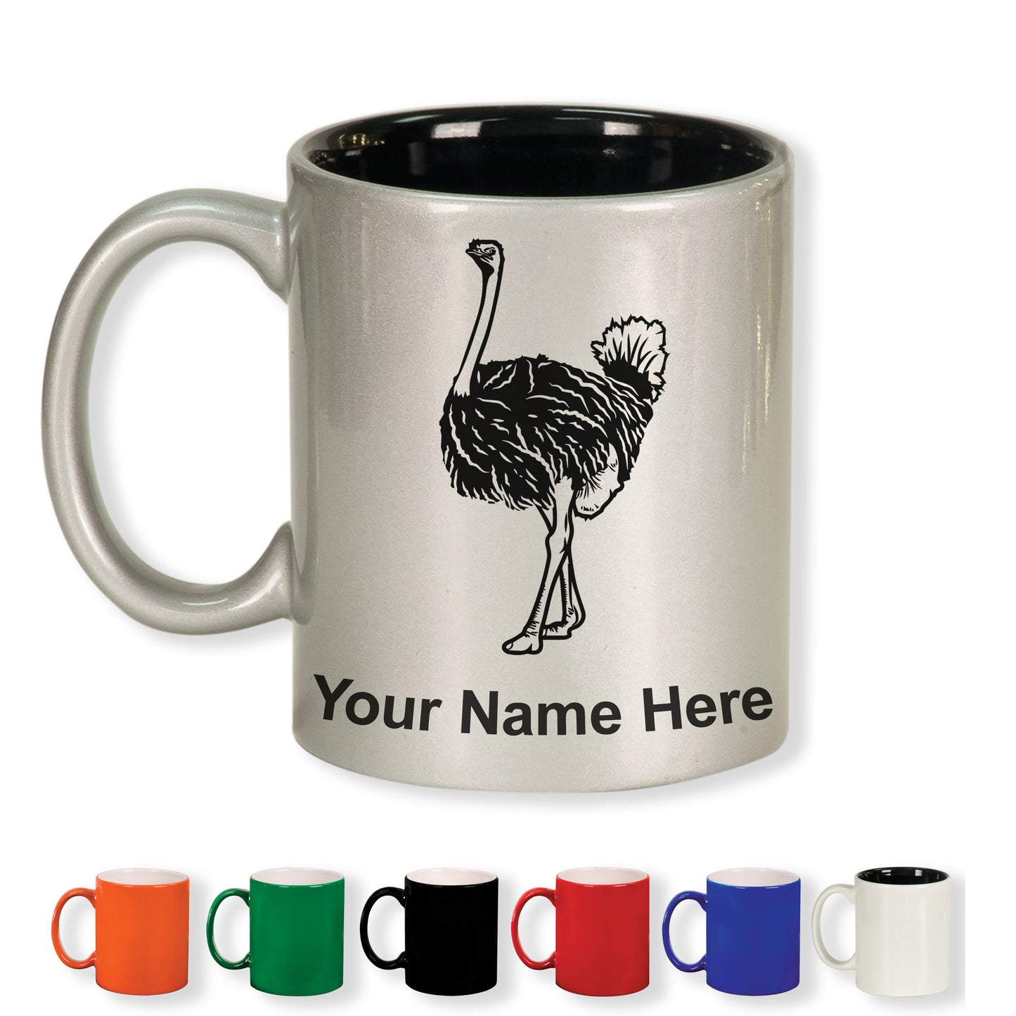 11oz Round Ceramic Coffee Mug, Ostrich, Personalized Engraving Included