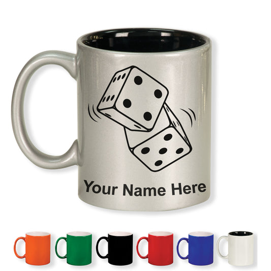 11oz Round Ceramic Coffee Mug, Pair of Dice, Personalized Engraving Included