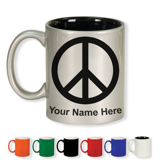 11oz Round Ceramic Coffee Mug, Peace Sign, Personalized Engraving Included