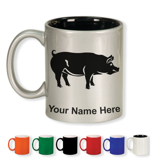 11oz Round Ceramic Coffee Mug, Pig, Personalized Engraving Included