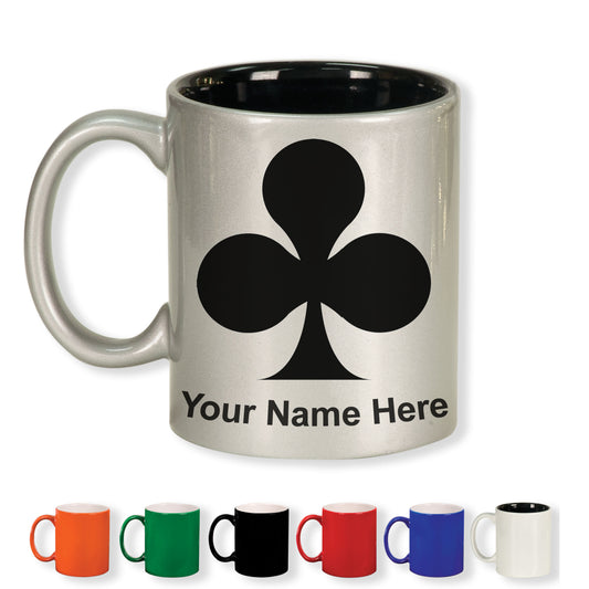 11oz Round Ceramic Coffee Mug, Poker Clubs, Personalized Engraving Included