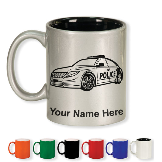 11oz Round Ceramic Coffee Mug, Police Car, Personalized Engraving Included