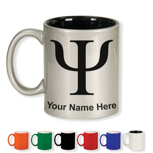 11oz Round Ceramic Coffee Mug, Psi Symbol, Personalized Engraving Included
