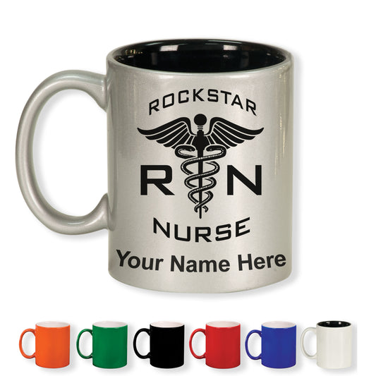 11oz Round Ceramic Coffee Mug, RN Rockstar Nurse, Personalized Engraving Included