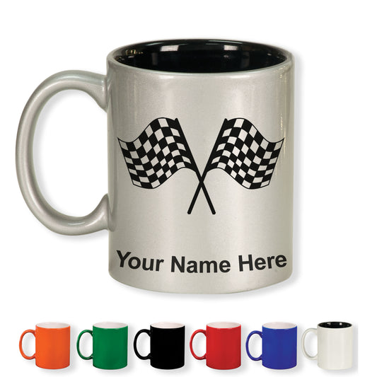 11oz Round Ceramic Coffee Mug, Racing Flags, Personalized Engraving Included