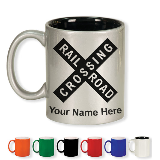 11oz Round Ceramic Coffee Mug, Railroad Crossing Sign 1, Personalized Engraving Included
