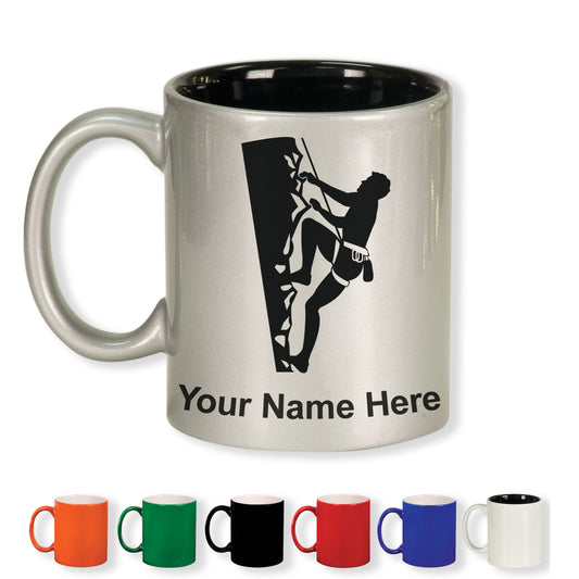 11oz Round Ceramic Coffee Mug, Rock Climber, Personalized Engraving Included