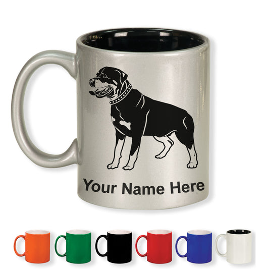 11oz Round Ceramic Coffee Mug, Rottweiler Dog, Personalized Engraving Included