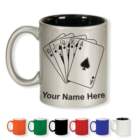 11oz Round Ceramic Coffee Mug, Royal Flush Poker Cards, Personalized Engraving Included