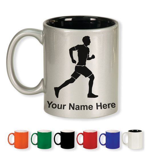 11oz Round Ceramic Coffee Mug, Running Man, Personalized Engraving Included