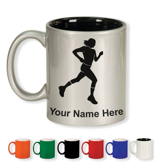 11oz Round Ceramic Coffee Mug, Running Woman, Personalized Engraving Included