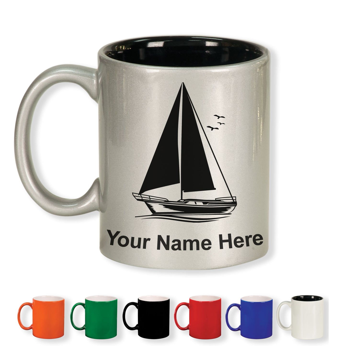 11oz Round Ceramic Coffee Mug, Sailboat, Personalized Engraving Included