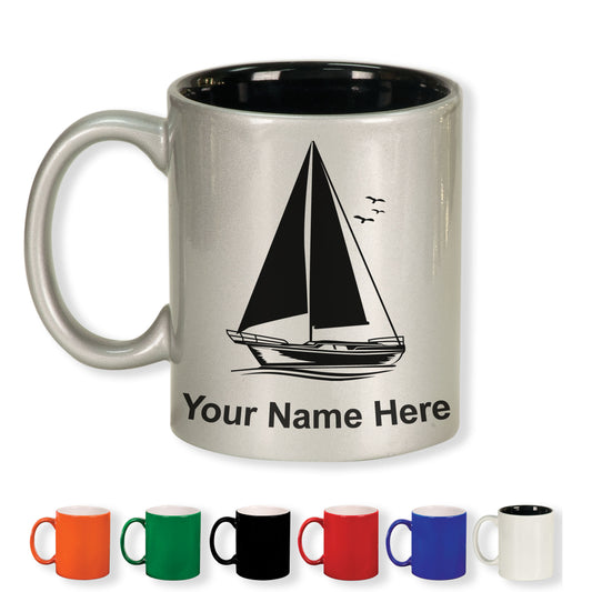 11oz Round Ceramic Coffee Mug, Sailboat, Personalized Engraving Included