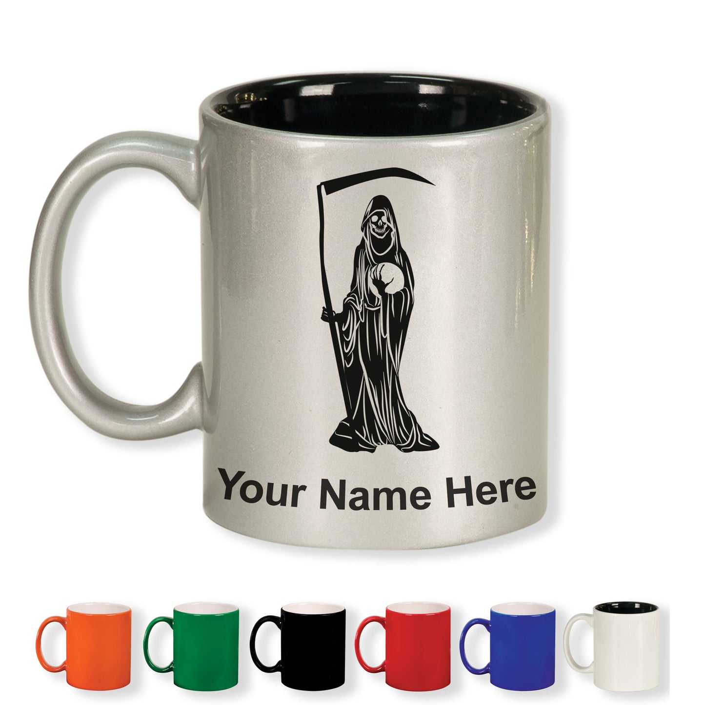 11oz Round Ceramic Coffee Mug, Santa Muerte, Personalized Engraving Included