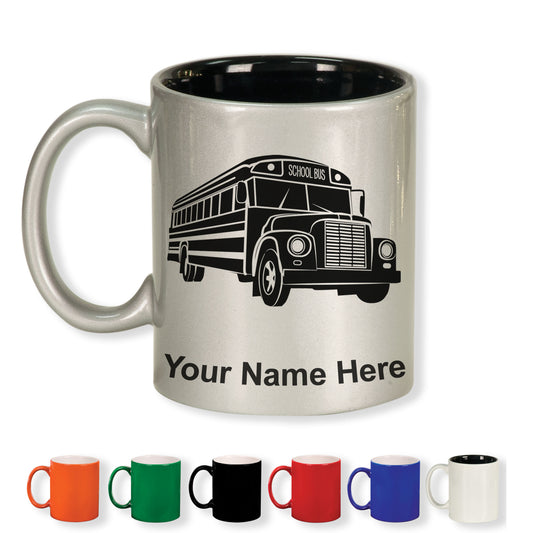 11oz Round Ceramic Coffee Mug, School Bus, Personalized Engraving Included