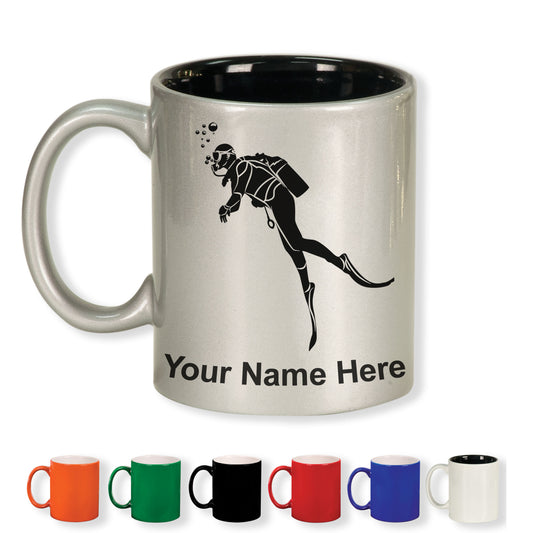 11oz Round Ceramic Coffee Mug, Scuba Diver, Personalized Engraving Included