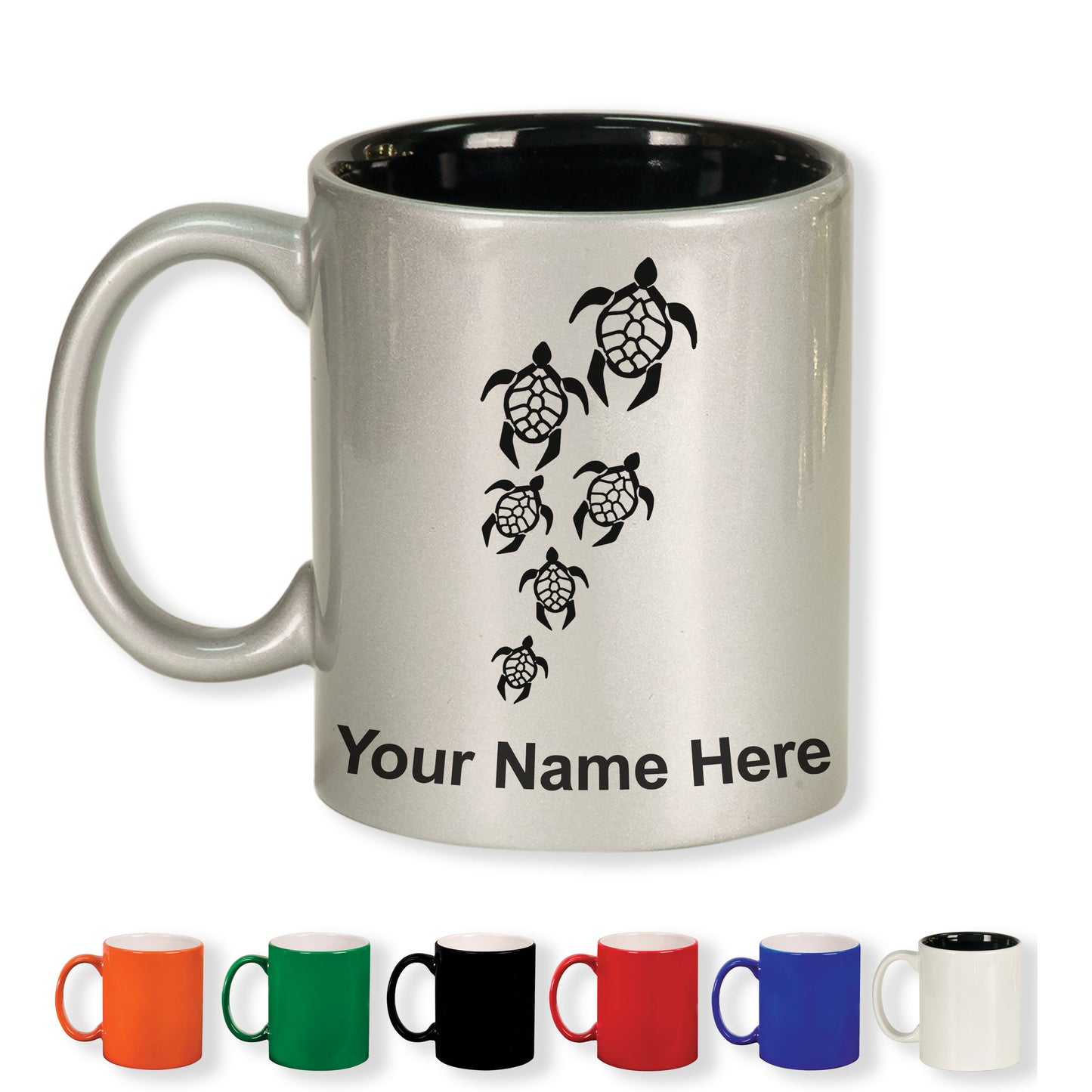 11oz Round Ceramic Coffee Mug, Sea Turtle Family, Personalized Engraving Included