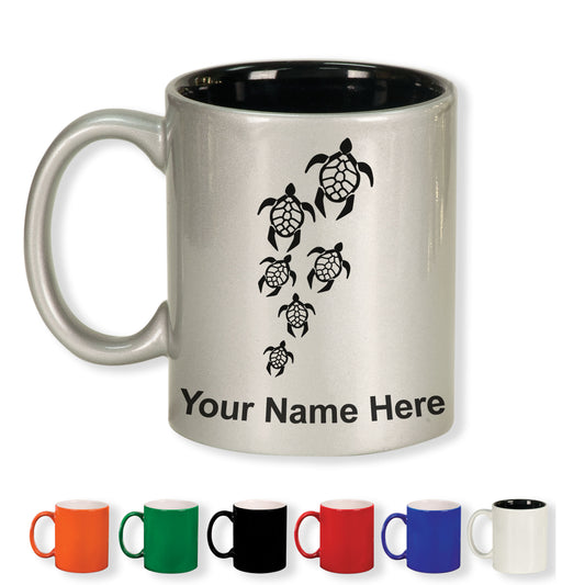 11oz Round Ceramic Coffee Mug, Sea Turtle Family, Personalized Engraving Included