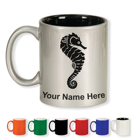 11oz Round Ceramic Coffee Mug, Seahorse, Personalized Engraving Included