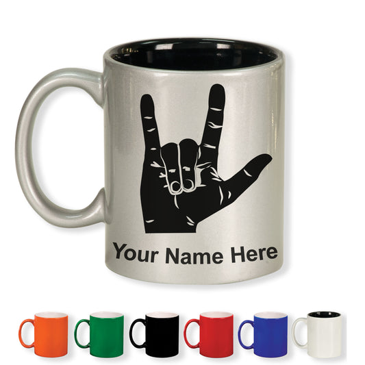 11oz Round Ceramic Coffee Mug, Sign Language I Love You, Personalized Engraving Included