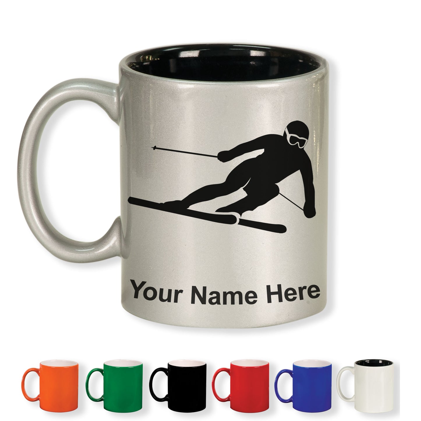 11oz Round Ceramic Coffee Mug, Skier Downhill, Personalized Engraving Included