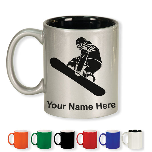 11oz Round Ceramic Coffee Mug, Snowboarder Man, Personalized Engraving Included