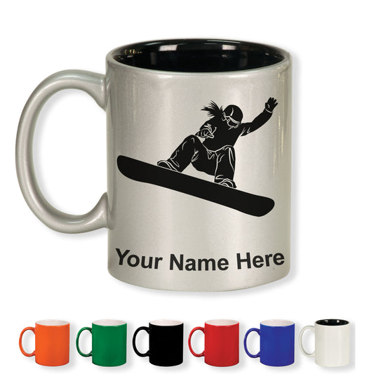 11oz Round Ceramic Coffee Mug, Snowboarder Woman, Personalized Engraving Included