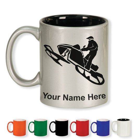 11oz Round Ceramic Coffee Mug, Snowmobile, Personalized Engraving Included