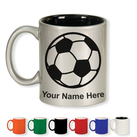 11oz Round Ceramic Coffee Mug, Soccer Ball, Personalized Engraving Included