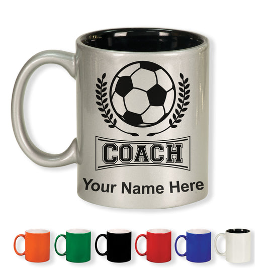 11oz Round Ceramic Coffee Mug, Soccer Coach, Personalized Engraving Included