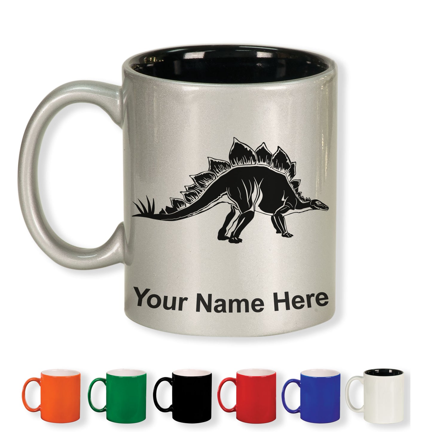 11oz Round Ceramic Coffee Mug, Stegosaurus Dinosaur, Personalized Engraving Included