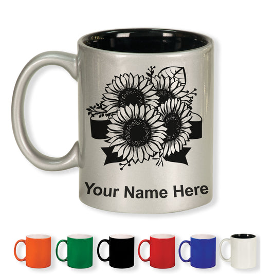 11oz Round Ceramic Coffee Mug, Sunflowers, Personalized Engraving Included